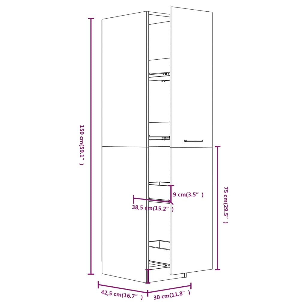 Apothekerskast 30x42,5x150 cm bewerkt hout