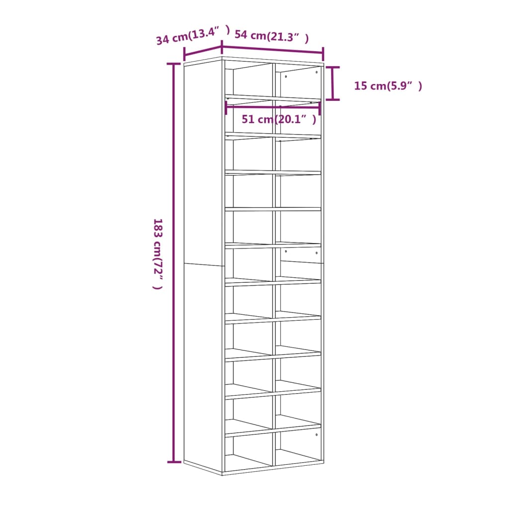 Schoenenkast 54x34x183 cm bewerkt hout eikenkleurig