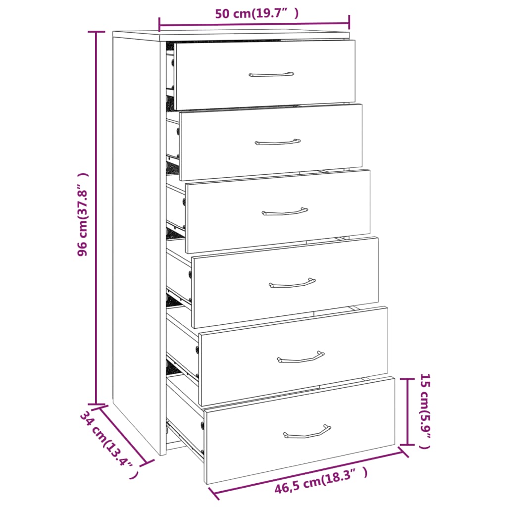 Dressoir met 6 lades 50x34x96 cm bewerkt hout