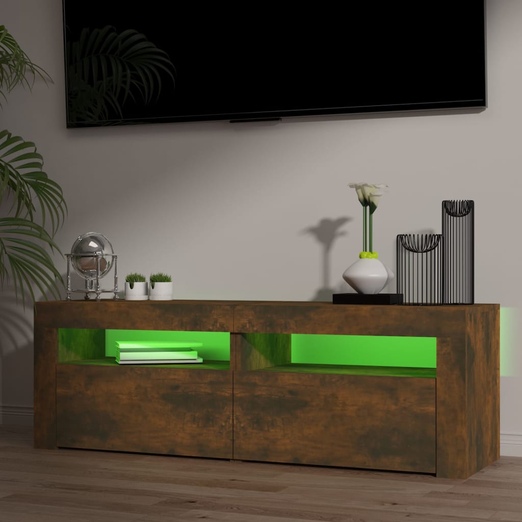 Tv-meubel met LED 120x35x40 cm bewerkt hout artisanaal eiken