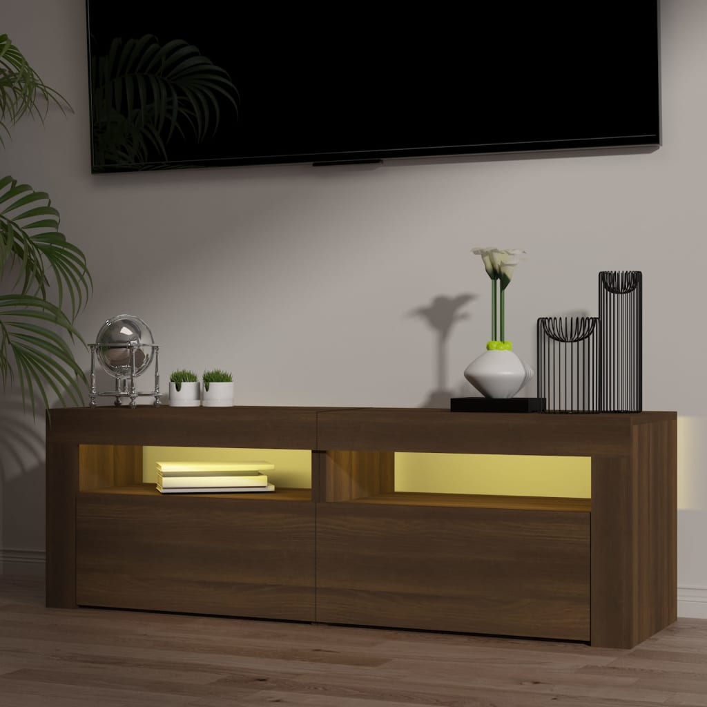 Tv-meubel met LED 120x35x40 cm bewerkt hout artisanaal eiken