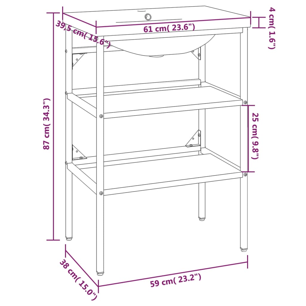 Wastafelframe met inbouwwastafel ijzer zwart