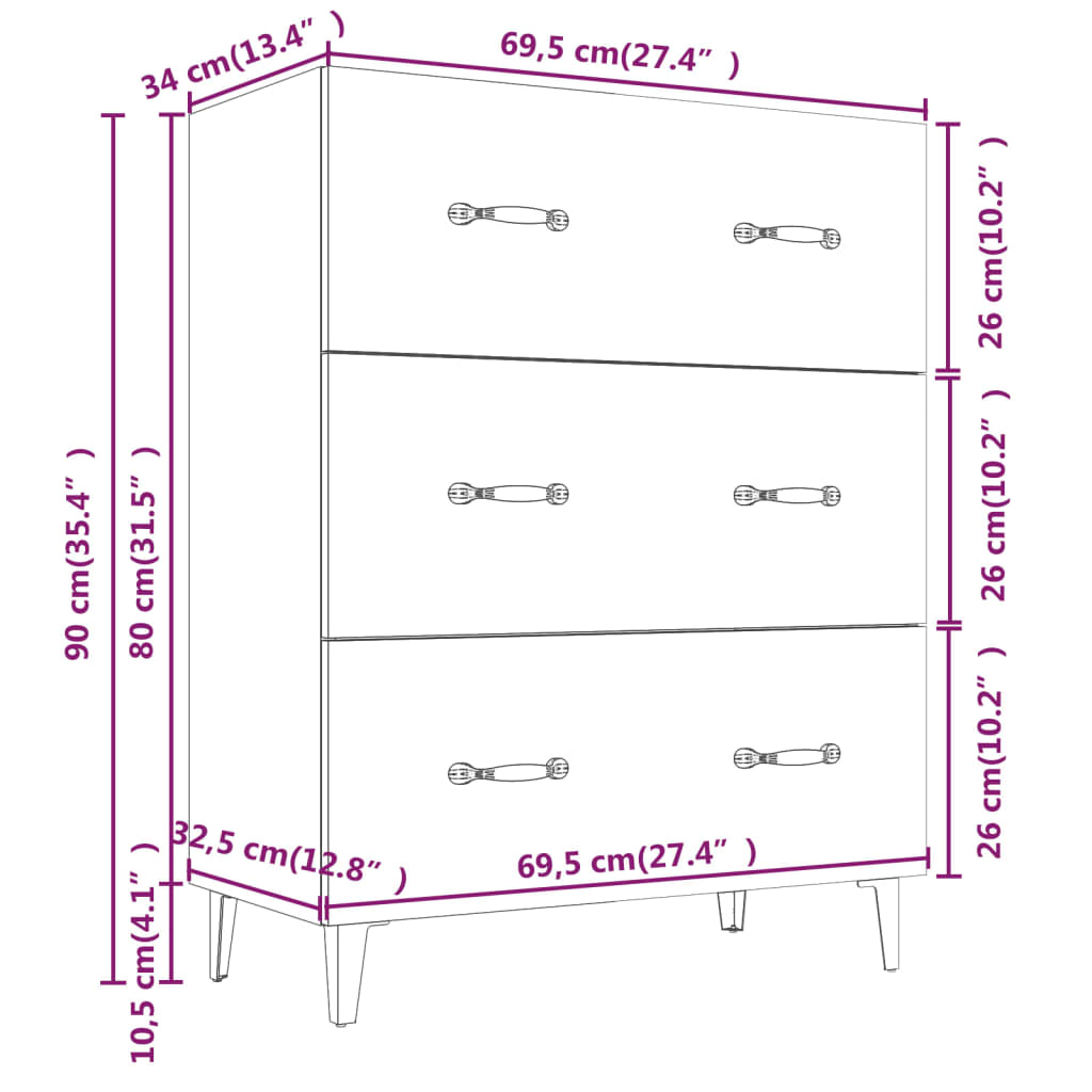 Dressoir 69,5x34x90 cm bewerkt hout eikenkleurig