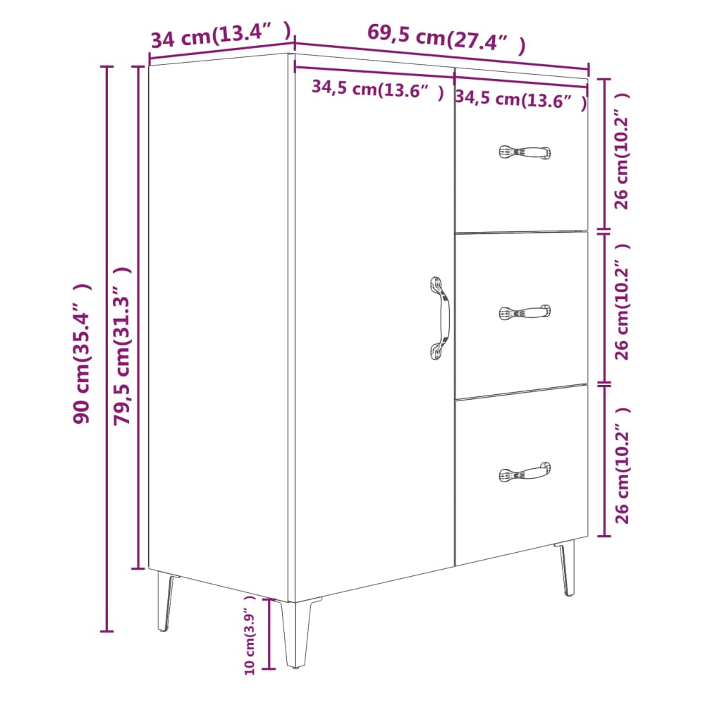 Dressoir 69,5x34x90 cm bewerkt hout