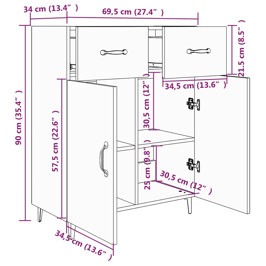 Dressoir 69,5x34x90 cm bewerkt hout eikenkleurig