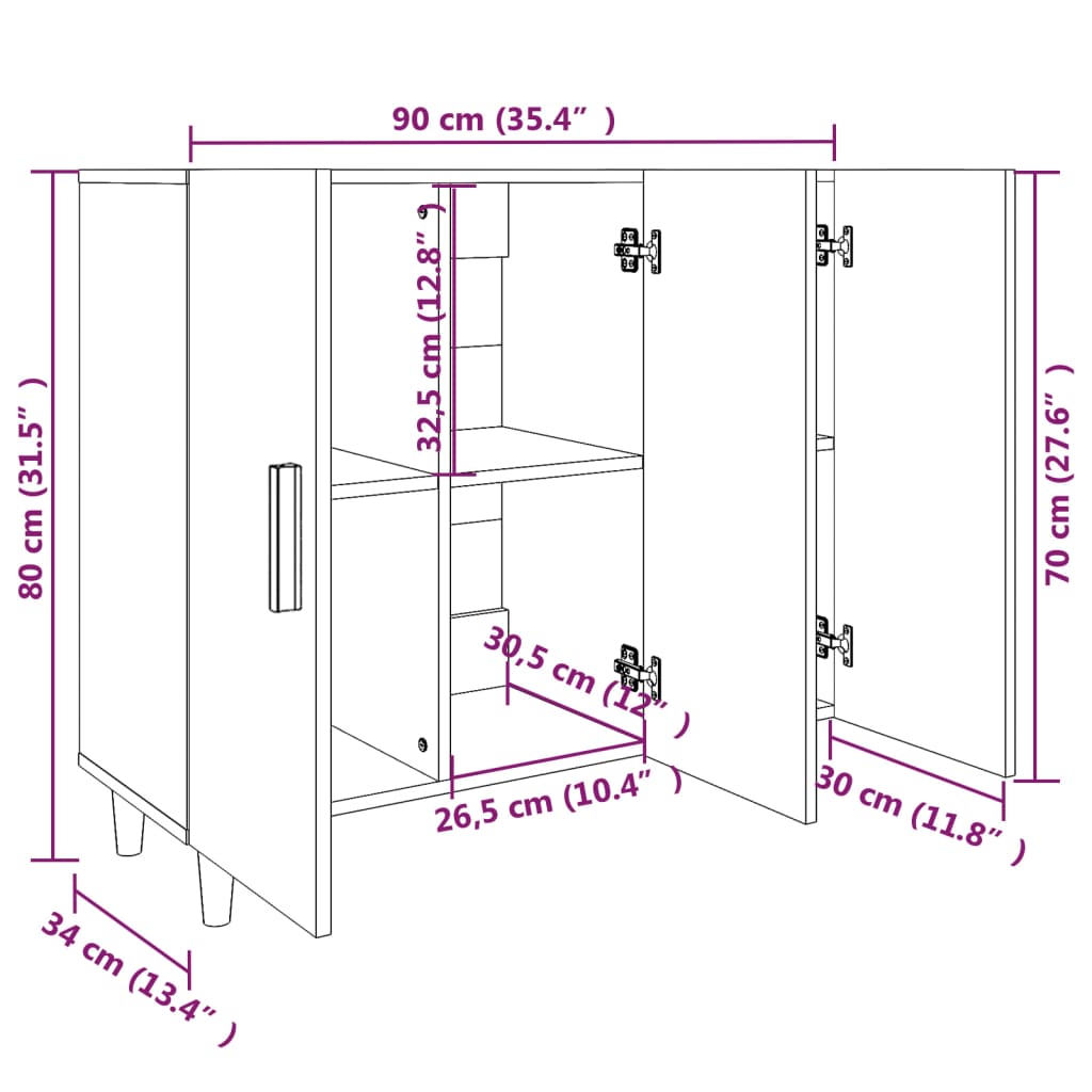 Dressoir 90x34x80 cm bewerkt hout eikenkleurig