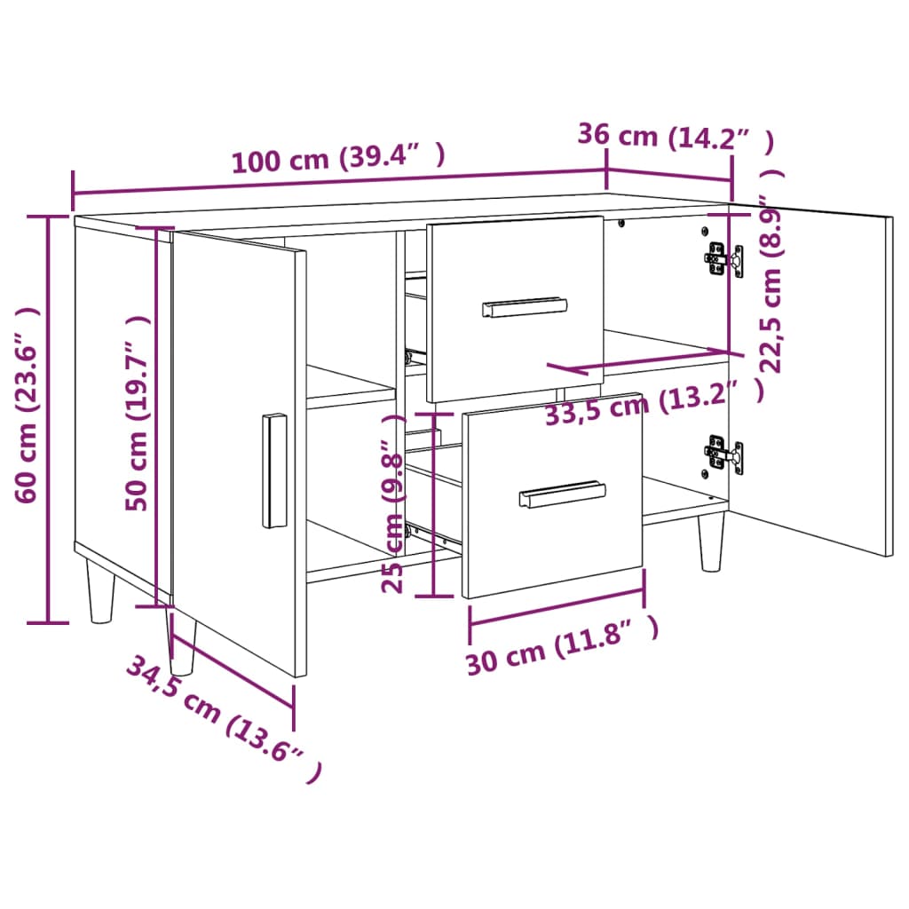 Dressoir 100x36x60 cm bewerkt hout