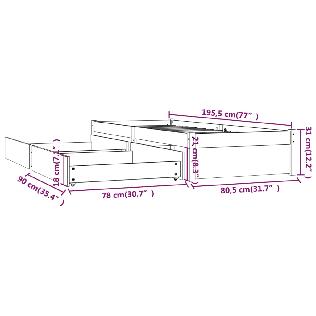 Bedframe met lades 90x200 cm