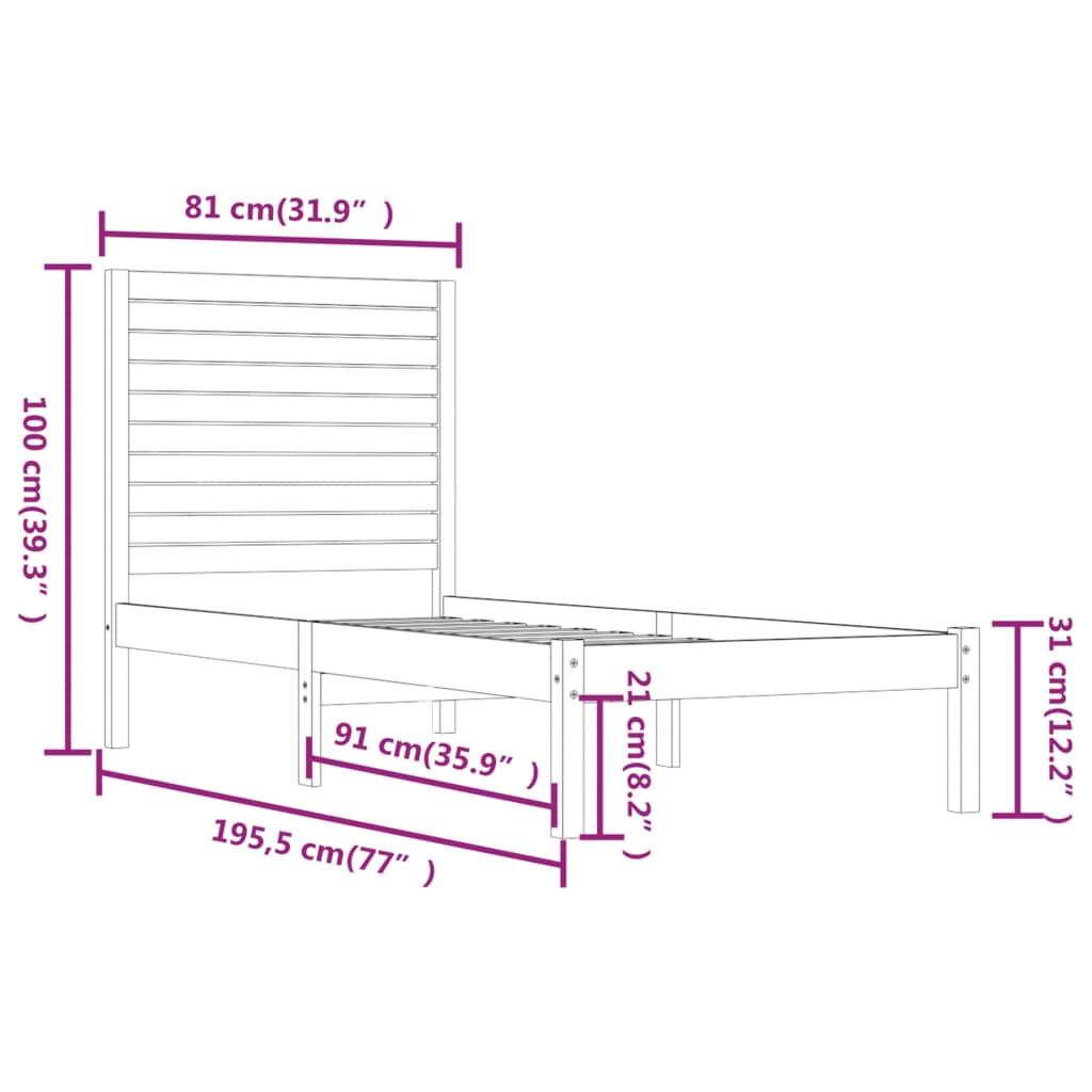 Bedframe massief hout 90x190 cm