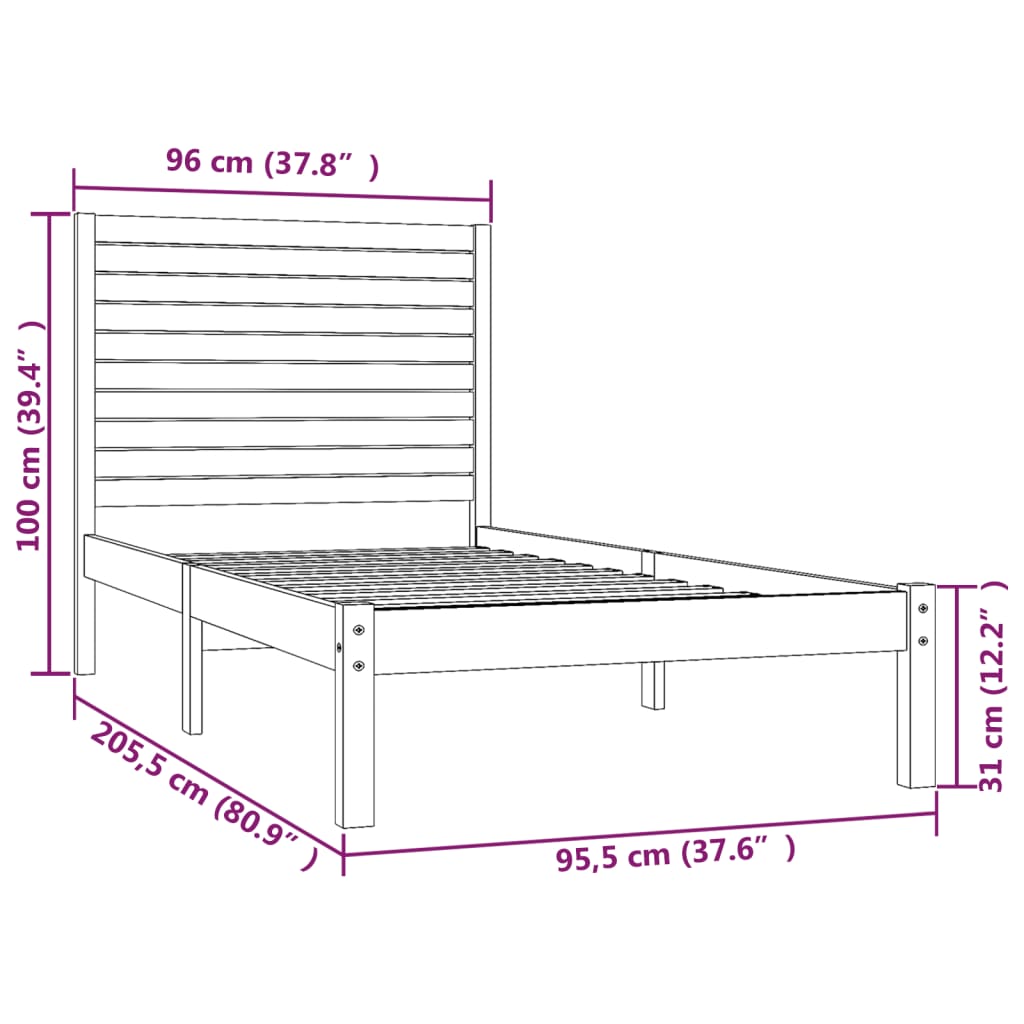 Bedframe massief hout 90x190 cm