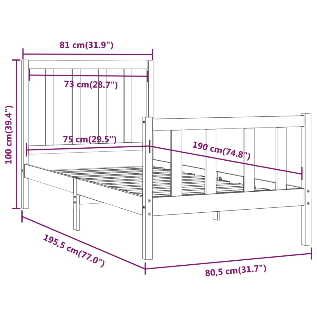 Bedframe massief hout 135x190 cm