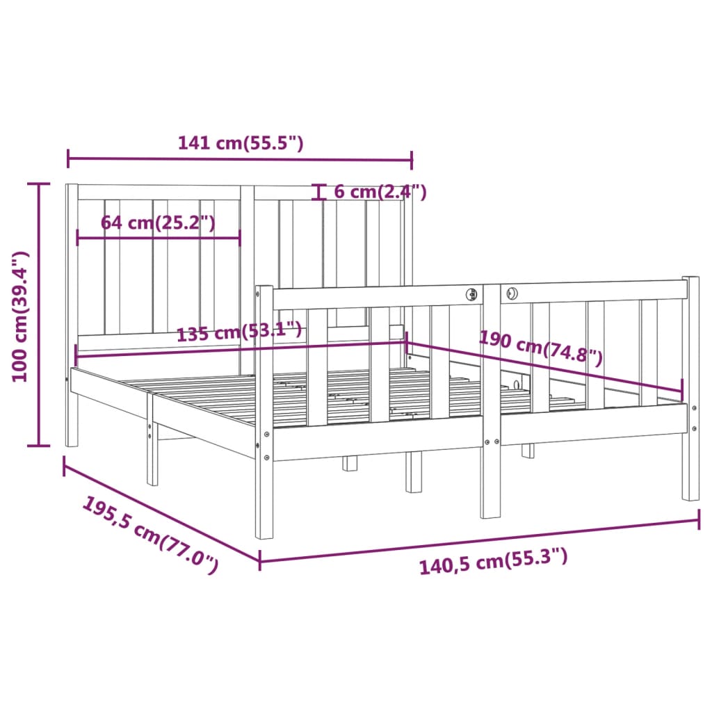 Bedframe massief hout 135x190 cm