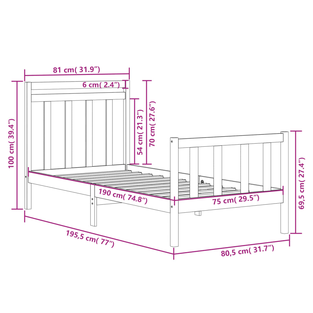 Bedframe massief hout 120x190 cm