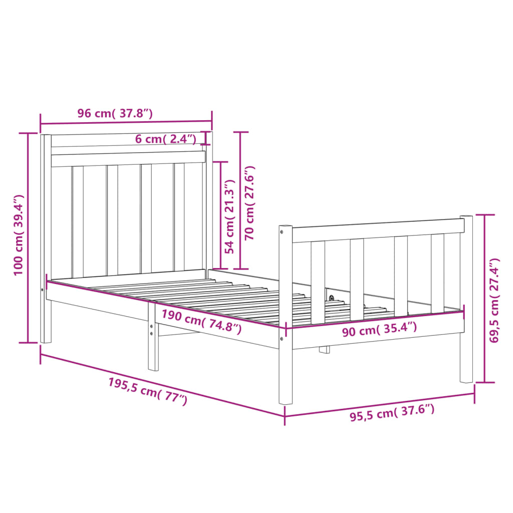 Bedframe massief hout 120x190 cm