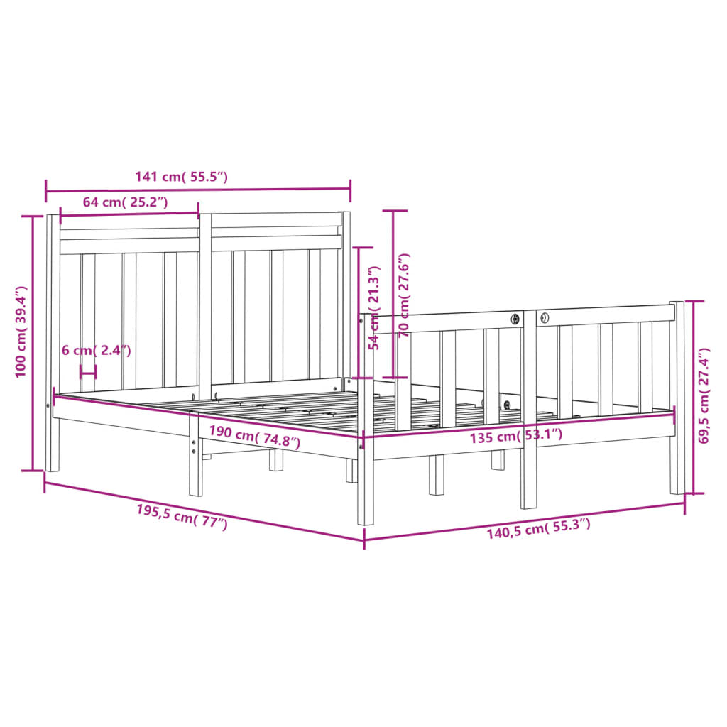 Bedframe massief hout 120x190 cm