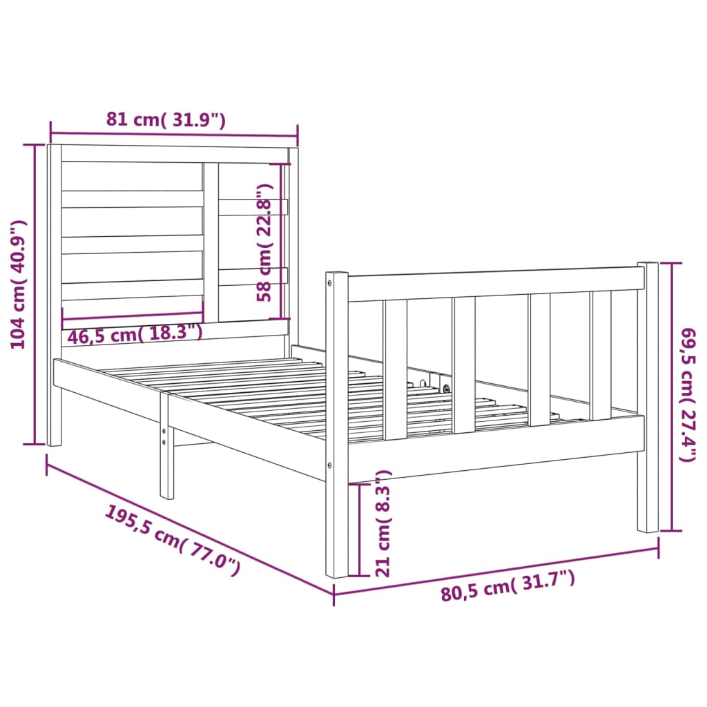 Bedframe massief hout 120x190 cm