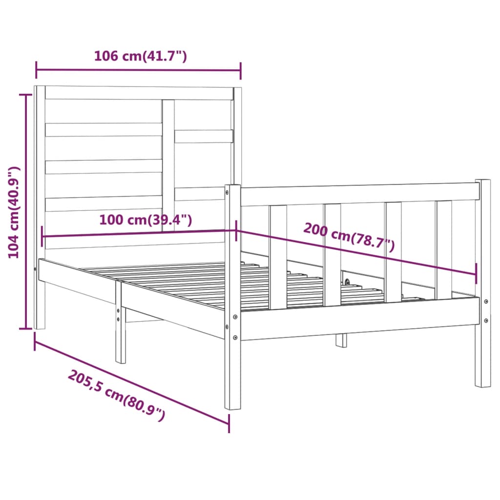 Bedframe massief grenenhout 90x200 cm