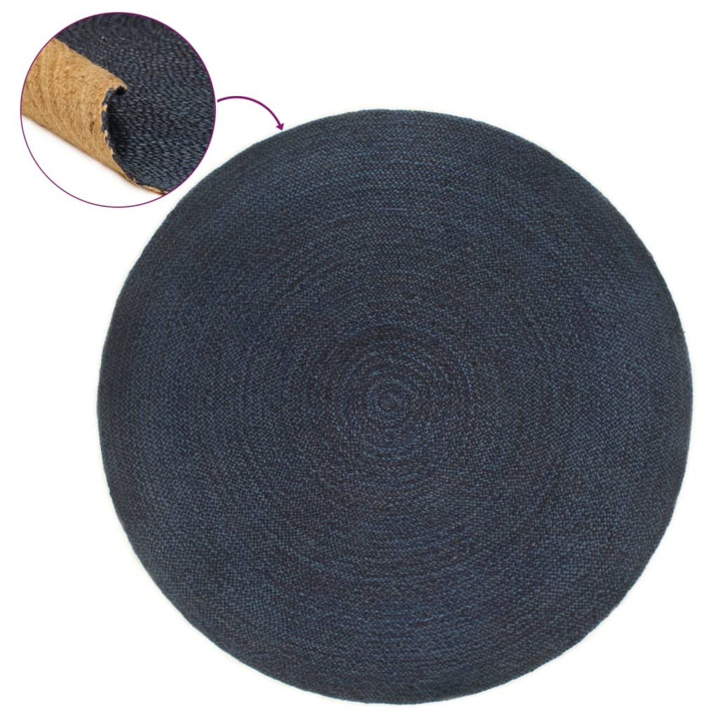 Vloerkleed omkeerbaar rond 150 cm jute marineblauw en naturel