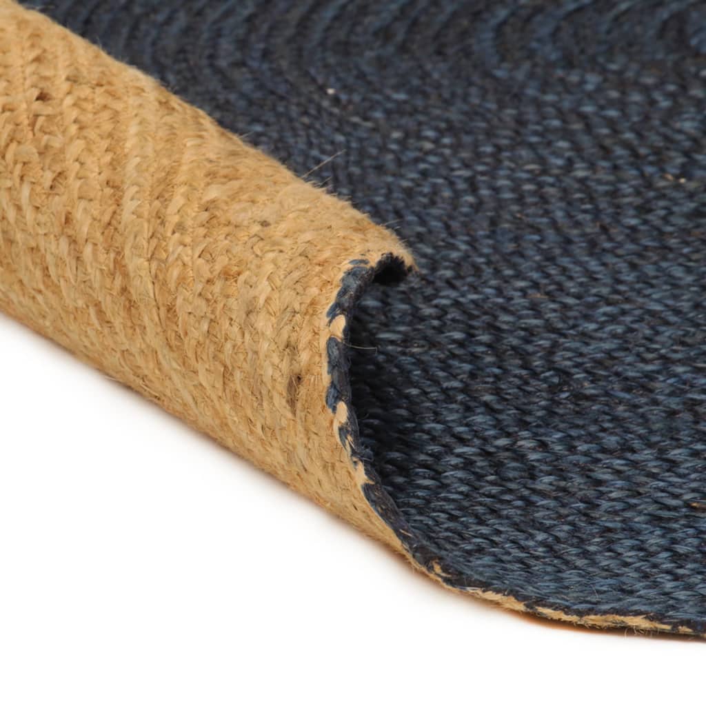 Vloerkleed omkeerbaar rond 150 cm jute marineblauw en naturel