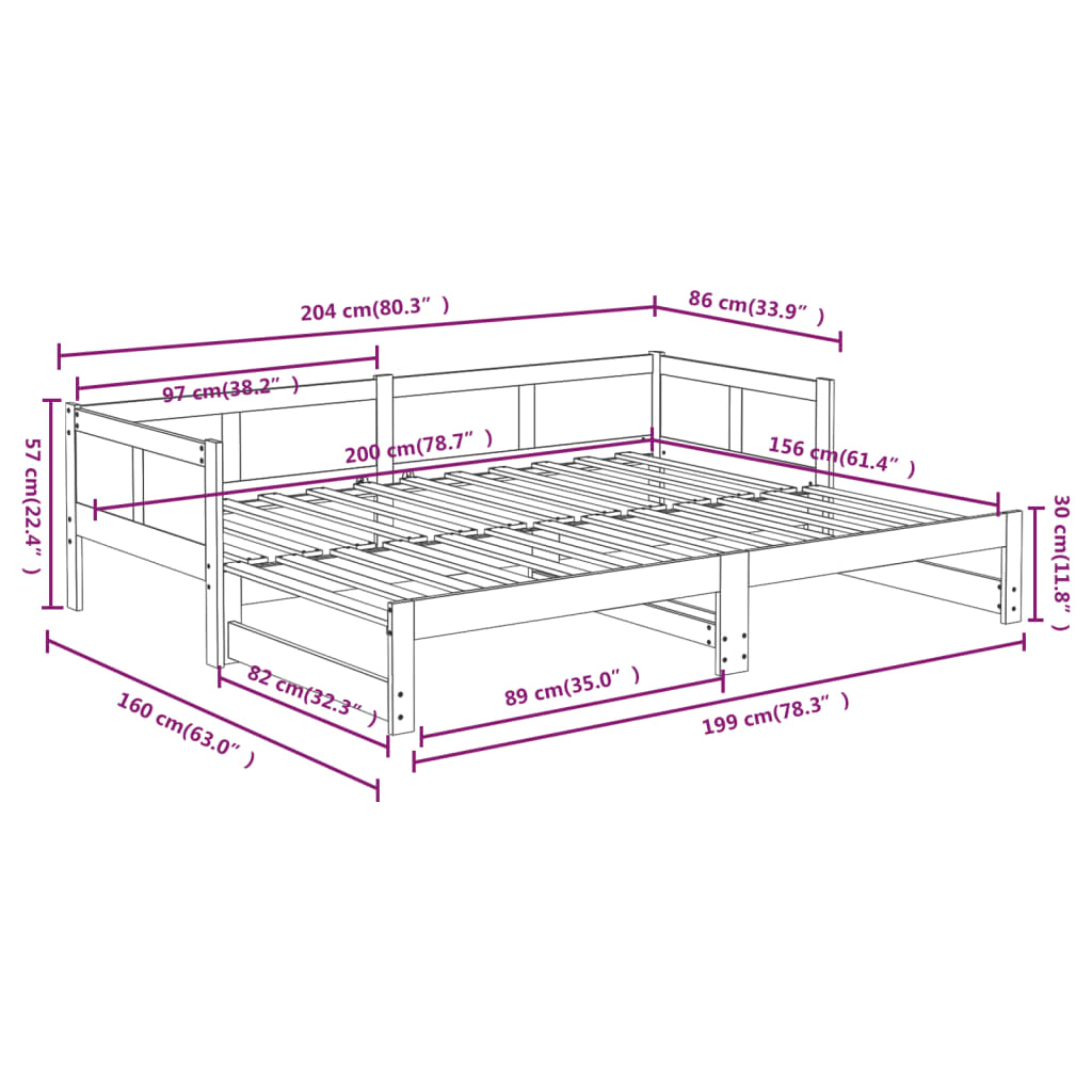 Slaapbank uitschuifbaar massief grenenhout 2x(80x200) cm