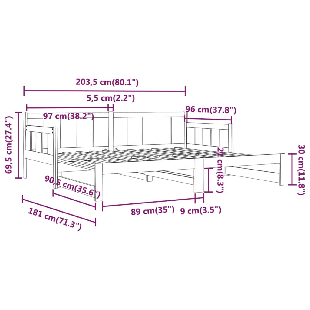 Slaapbank uitschuifbaar massief grenenhout 2x(80x200) cm