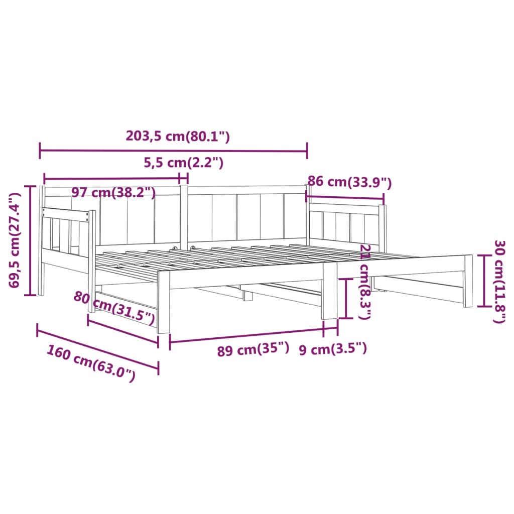 Slaapbank uitschuifbaar massief grenenhout 2x(80x200) cm