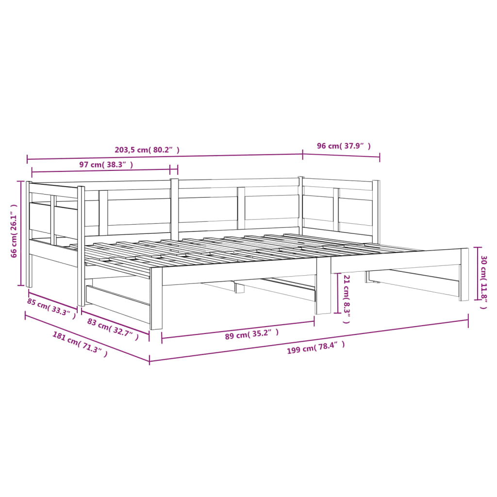 Slaapbank uitschuifbaar massief grenenhout 2x(80x200) cm