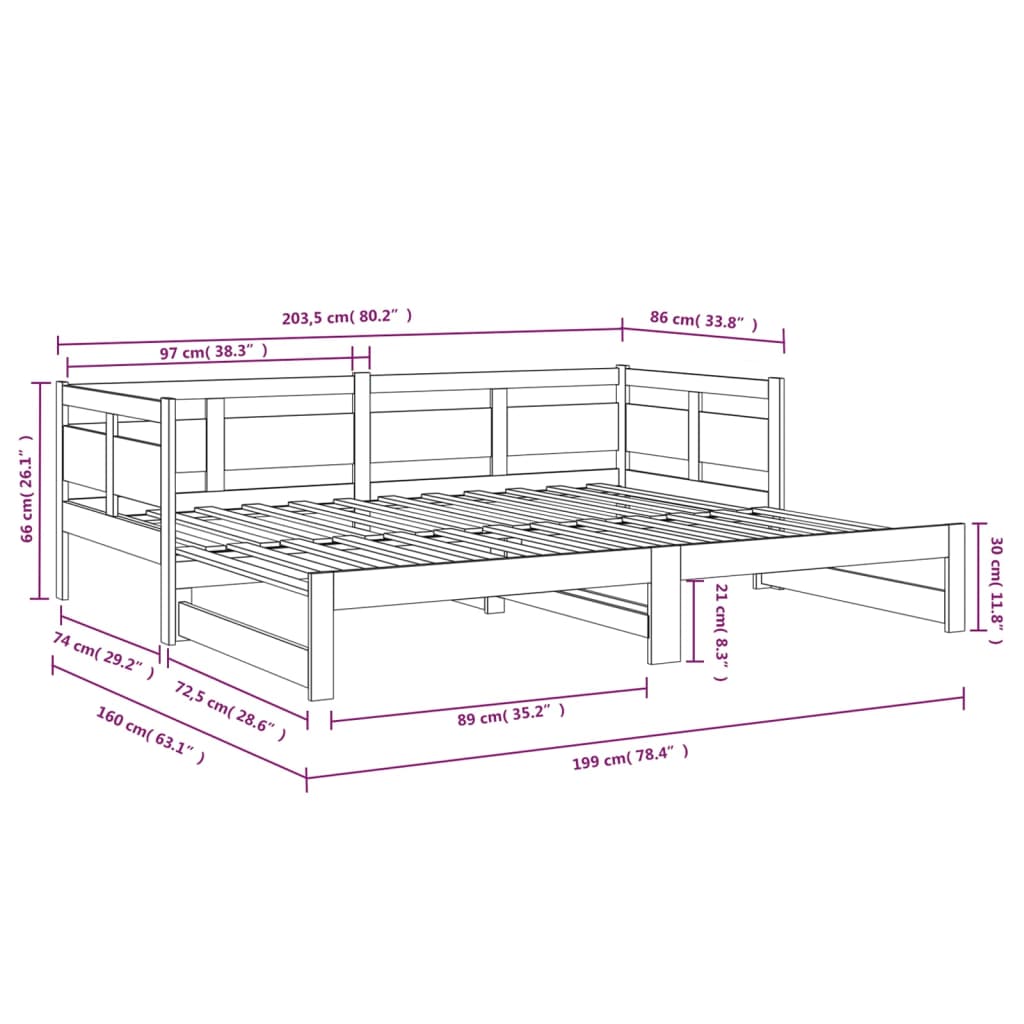 Slaapbank uitschuifbaar massief grenenhout 2x(80x200) cm