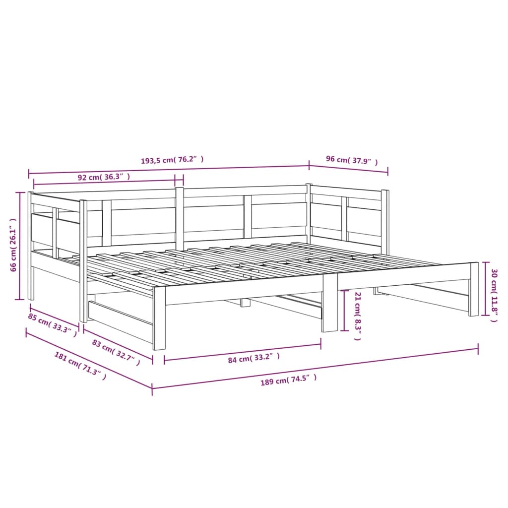 Slaapbank uitschuifbaar massief grenenhout 2x(80x200) cm