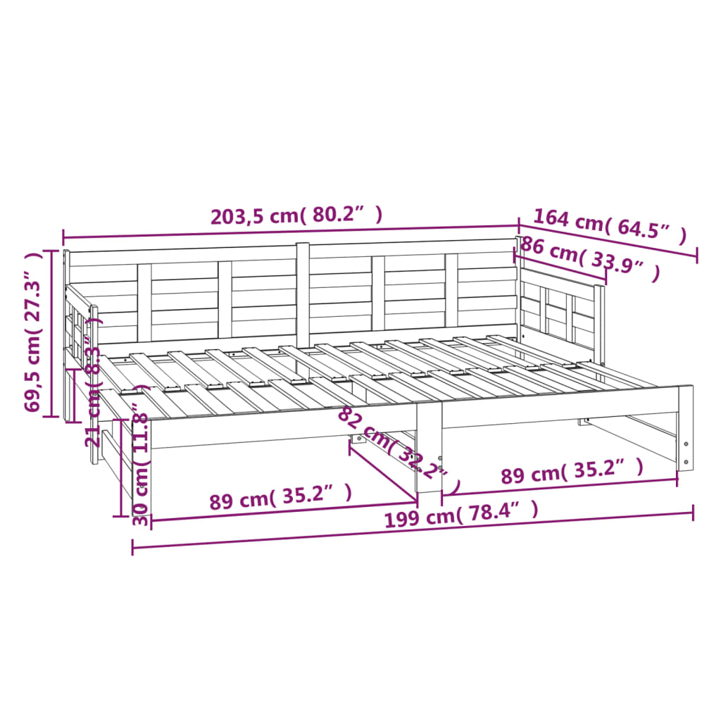 Slaapbank uitschuifbaar massief grenenhout 2x(80x200) cm