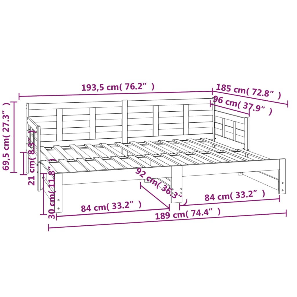 Slaapbank uitschuifbaar massief grenenhout 2x(80x200) cm