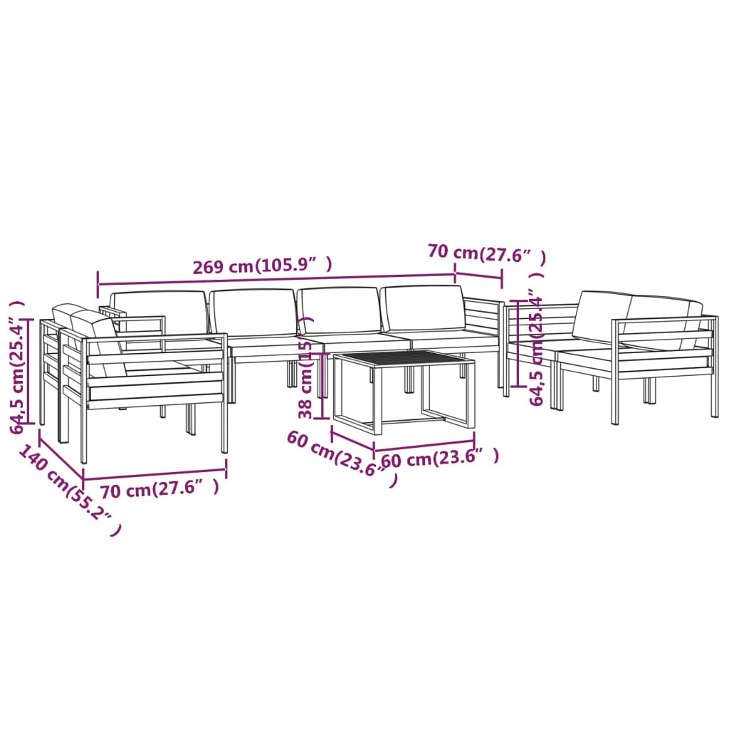 7-delige Loungeset met kussens aluminium antracietkleurig