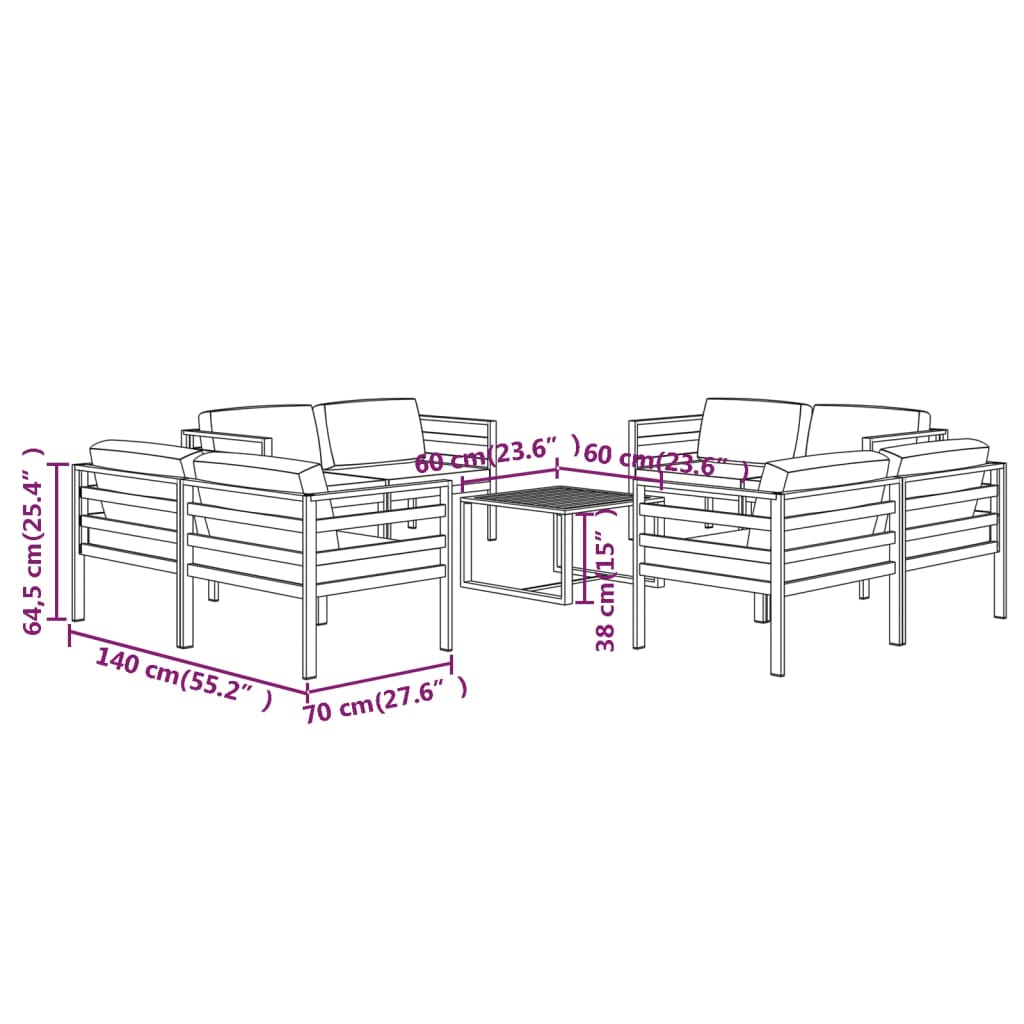 9-delige Loungeset met kussens aluminium antracietkleurig