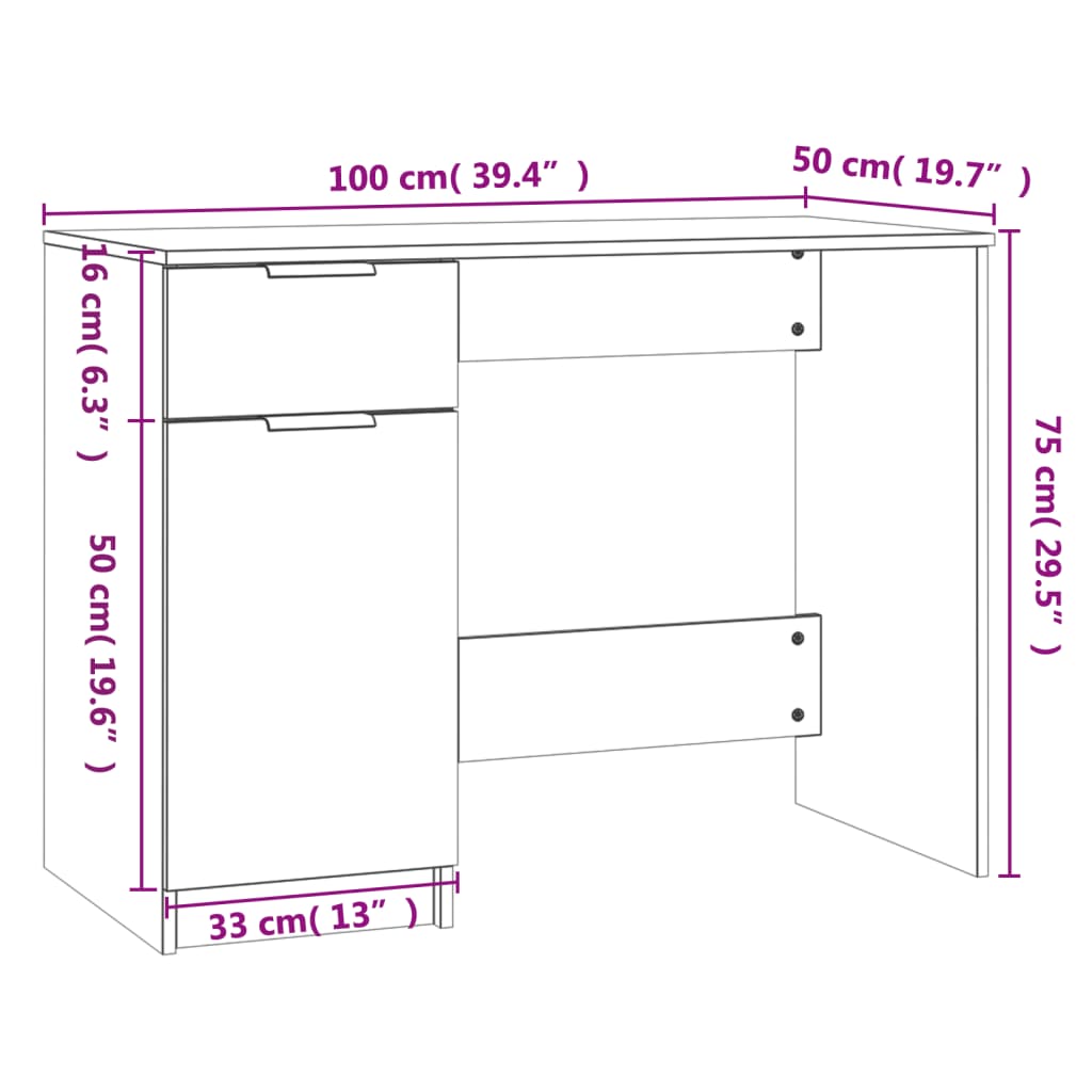 Bureau 100x50x75 cm bewerkt hout eikenkleurig