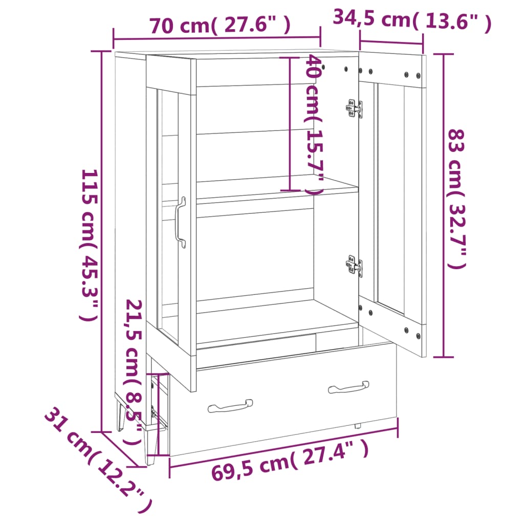 Hoge kast 70x31x115 cm bewerkt hout