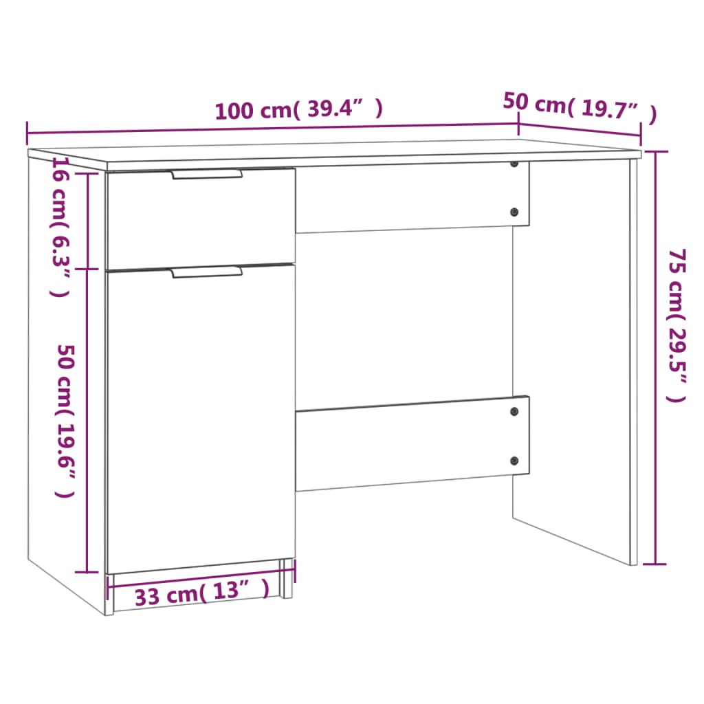 Bureau 100x50x75 cm bewerkt hout eikenkleurig