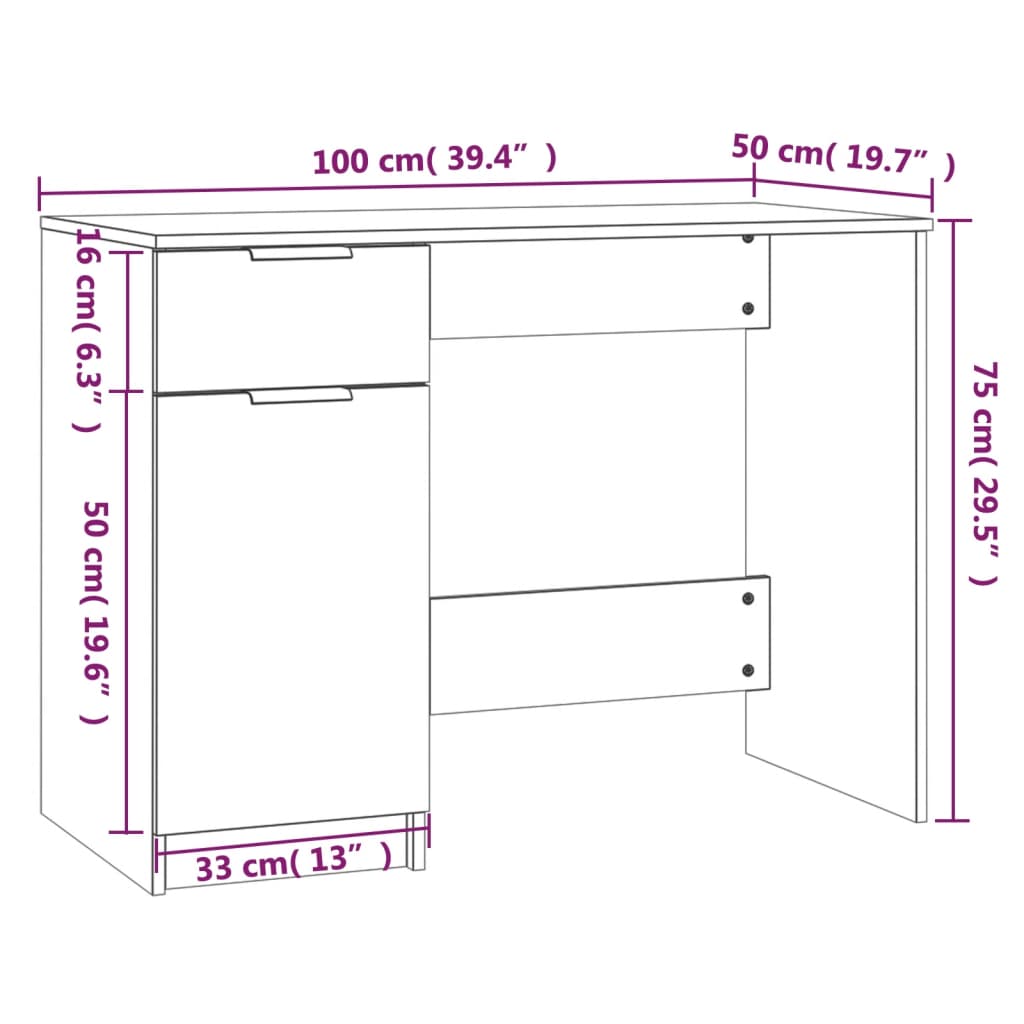 Bureau 100x50x75 cm bewerkt hout eikenkleurig