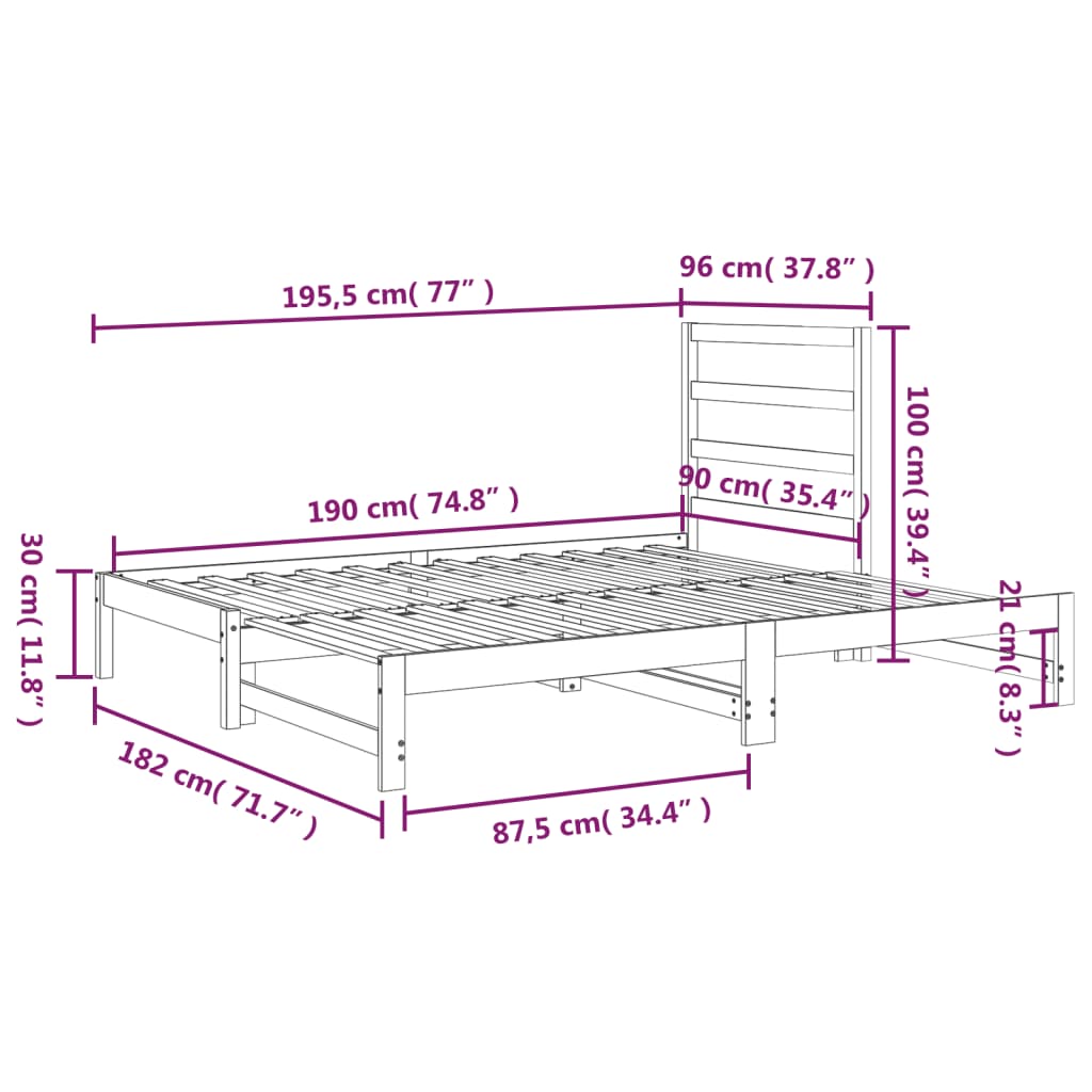 Slaapbank uitschuifbaar massief grenenhout 2x(90x200) cm