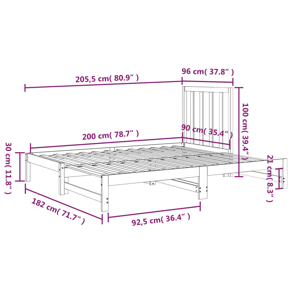 Slaapbank uitschuifbaar massief grenenhout 2x(90x190) cm