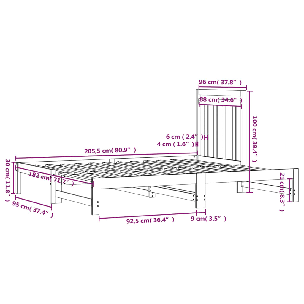 Slaapbank uitschuifbaar massief grenenhout 2x(90x190) cm