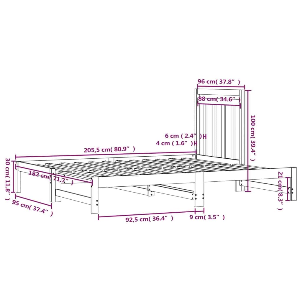 Slaapbank uitschuifbaar massief grenenhout 2x(90x190) cm