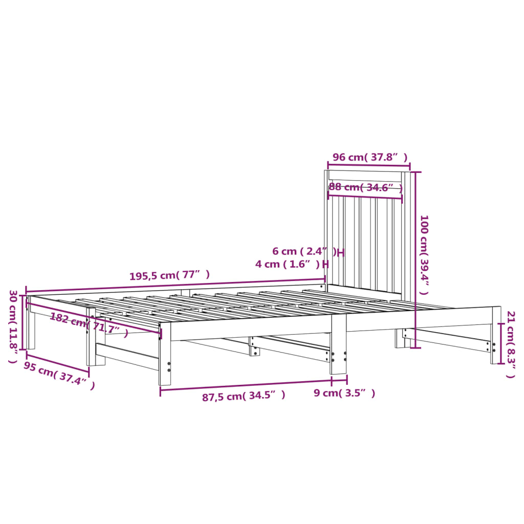 Slaapbank uitschuifbaar massief grenenhout 2x(90x190) cm