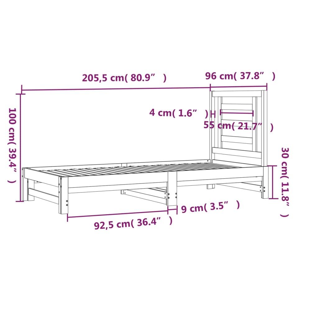 Slaapbank uitschuifbaar massief grenenhout 2x(90x190) cm