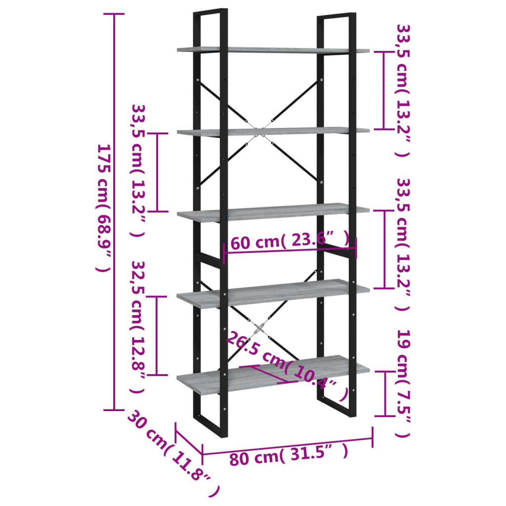 Boekenkast met 5 schappen 80x30x175 cm bewerkt hout