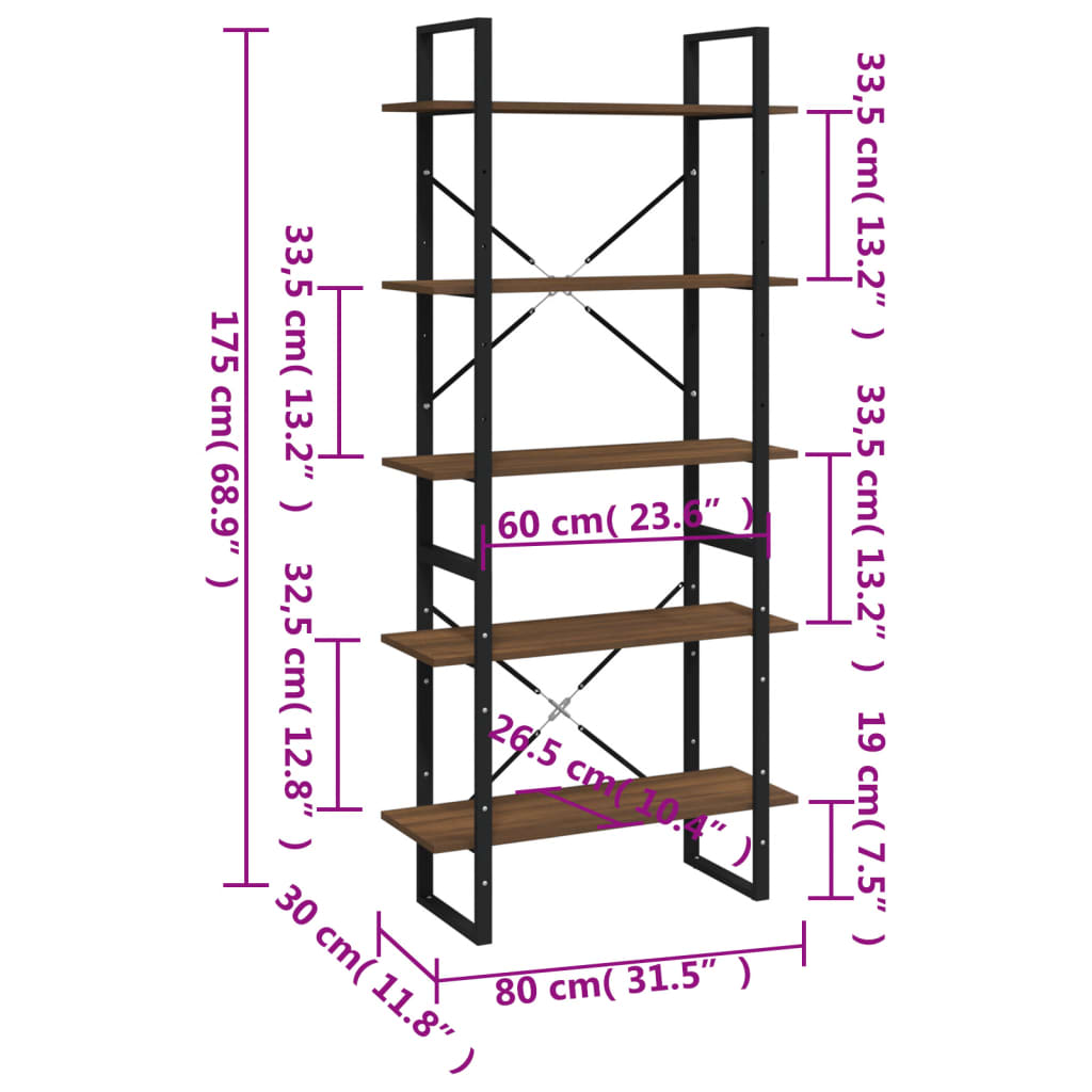 Boekenkast met 5 schappen 80x30x175 cm bewerkt hout