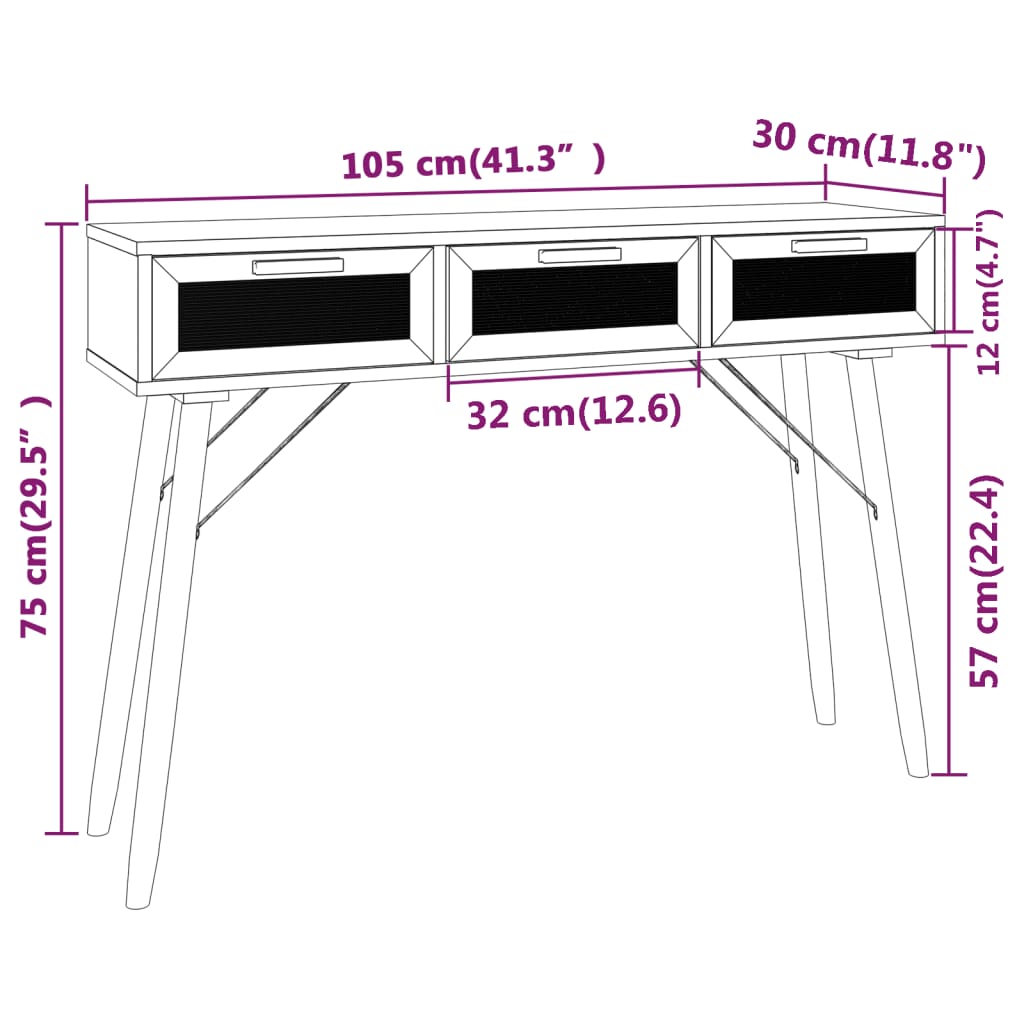 Wandtafel 105x30x75 cm massief grenenhout en natuurlijk rattan