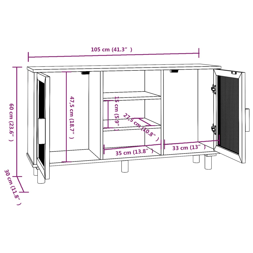 Dressoir 105x30x60 cm massief grenenhout en rattan