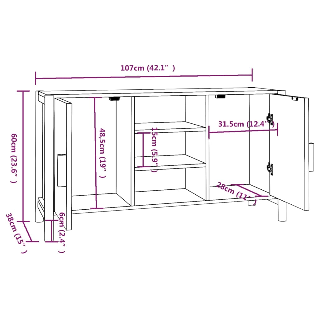 Dressoir 107x38x60 cm bewerkt hout