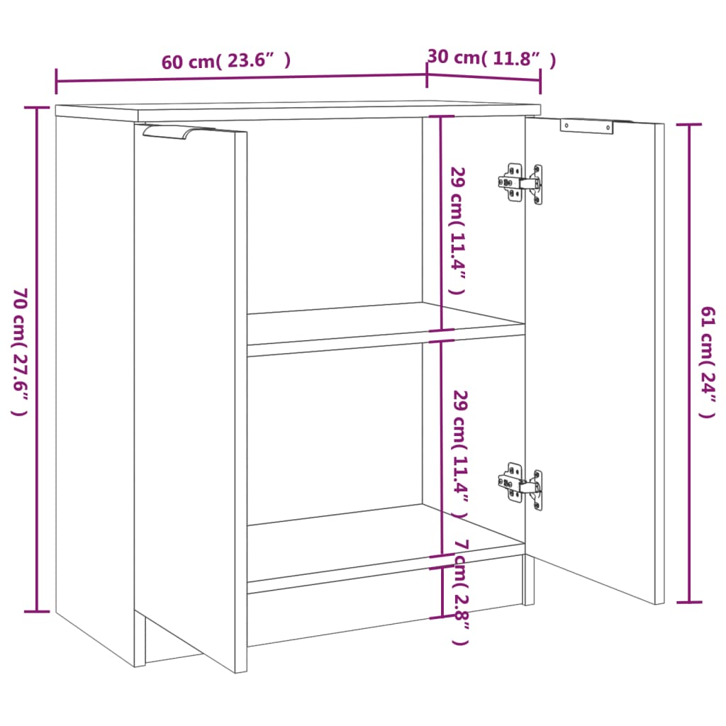 Dressoirs 2 st 60x30x70 cm bewerkt hout eikenkleurig