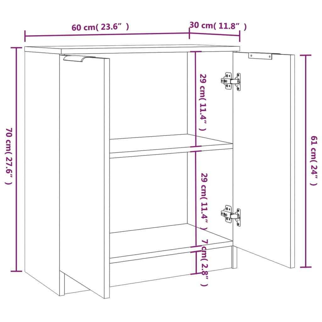 Dressoirs 2 st 60x30x70 cm bewerkt hout eikenkleurig